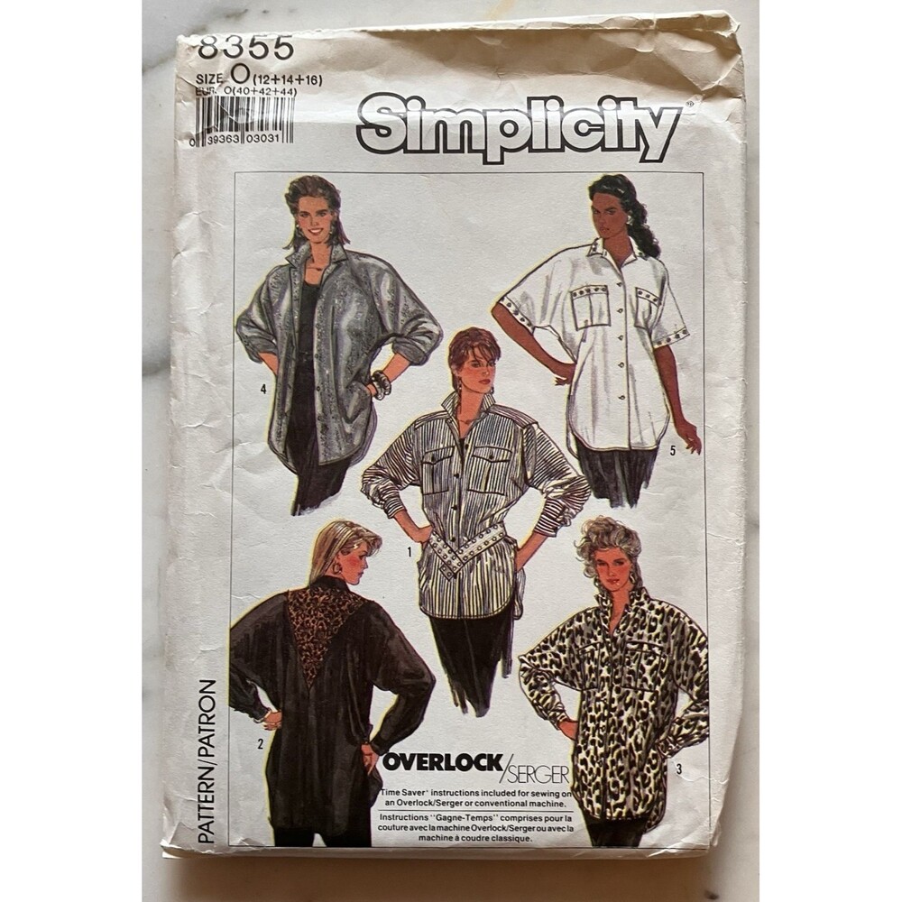 Vintage Simplicity 8355 Misses Loose-Fitting Shirt Pattern Size 12-14-16 Uncut